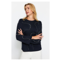 Trendyol Navy Blue Stone Detailed Thessaloniki/Knitwear Look Regular/Normal Fit Knitted Sweatshi