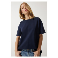 Happiness İstanbul Women's Navy Blue Loose Basic Cotton T-Shirt