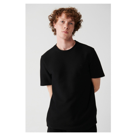 Avva Men's Black 100% Cotton Crew Neck Jacquard Knitted Regular Fit T-shirt