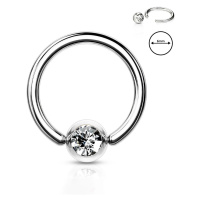 Ocelový 316L piercing do obočí - kroužek s čirým krystalkem v kulaté objímce, 0,8 mm, průměr 6 m
