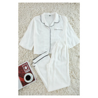 Trendyol White Viscose Shirt-Pants Woven Pajama Set with Piping