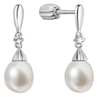 Stříbrné náušnice visací s říční perlou a malým zirkonem bílá 21105.1B