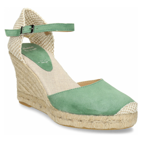 Přírodní dámské kožené sandály na vysokém klínku a zelenými prvky