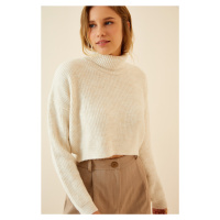 Happiness İstanbul Women's Cream Turtleneck Winter Crop Knitwear Sweater