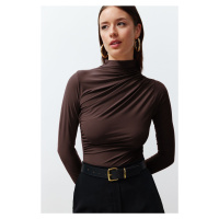 Trendyol Brown Pleated Square Neck Body-Smoothing Flexible Knitted Blouse