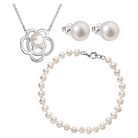 Evolution Group Sada stříbrných šperků s bílou říční perlou a náhrdelník kytička AG SADA 4