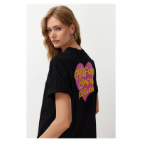 Trendyol Black 100% Cotton Front and Back Emboss Printed Oversize/Wide Knitted T-Shirt