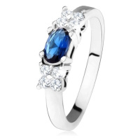 Lesklý prsten - stříbro 925, tmavě modrý oválný zirkon, čtyřlístek, čiré kamínky