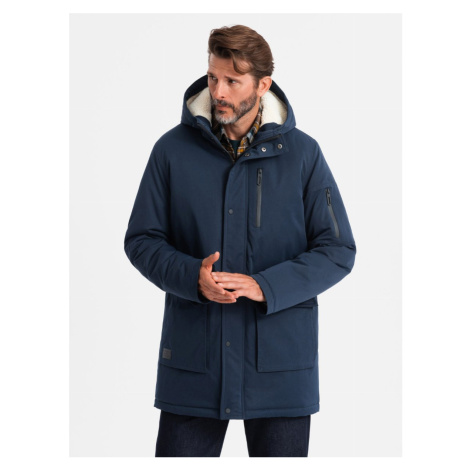 Men's long parka sherpa jacket – navy blue V2 OM-JALJ-0181 Ombre