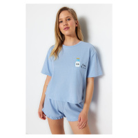 Trendyol Blue Cotton Printed T-shirt-Shorts Knitted Pajamas Set