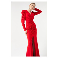 Dámské červené dlouhé šaty Lafaba s dlouhým rukávem, dvouřadým výstřihem a rozparkem na večer