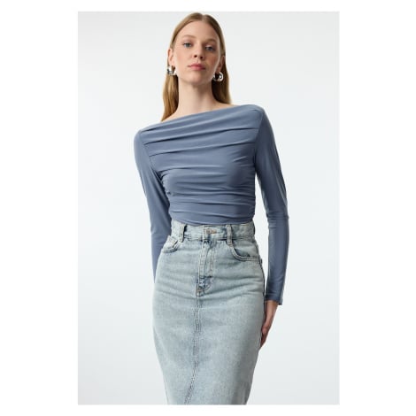 Trendyol Indigo Boat Neck Draped Fitted Stretchy Knitted Blouse