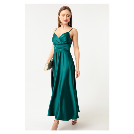 Lafaba Dámské smaragdově zelené lano popruh pas pás pás satén midi večerní šaty a promoční šaty