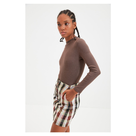 Trendyol Brown Stand Up Collar Ribbed Snap Snap Knitted Body