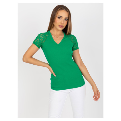 Zelené tričko s krajkovými rukávy --green Zelená Rue Paris
