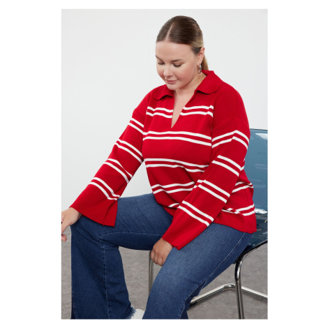Trendyol Curve Red Striped Knitwear Sweater