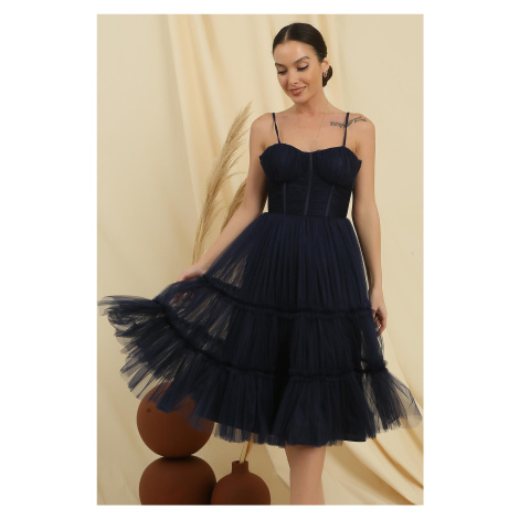 By Saygı Rope Strap Strapless Underwire Lined Jupons Tulle Tiered Tulle Short Dress