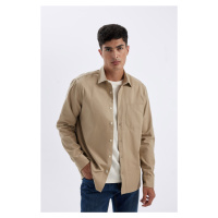 DEFACTO Men's Beige Regular Fit Regular Cut Button-down Polo Collar Gabardine Cotton Long Sleeve