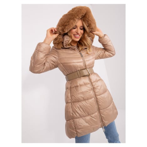 Tmavě béžová dámská zimní bunda s kapucí Fashionhunters
