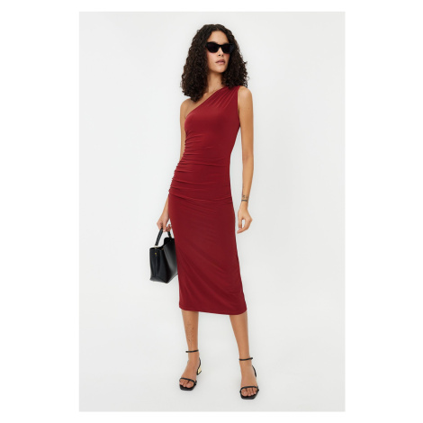 Trendyol Tile One Shoulder Draped Fitted Midi Stretch Knitted Dress