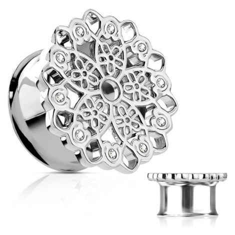 Ocelový tunel do ucha, vyřezávaný filigránový květ, čiré zirkony - Tloušťka : 16 mm Šperky eshop