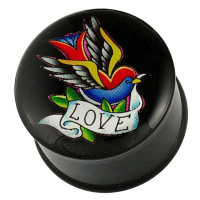 Plug do ucha - pestrobarevný ptáček, stuha a nápis LOVE - Tloušťka piercingu: 23,5 mm