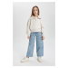 DEFACTO Girl's Cargo Fit Wide Leg Jean Trousers