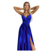 JULIET - Elegantní dlouhé dámské saténové šaty v chrpové barvě s výstřihem a rozparkem na noze 5