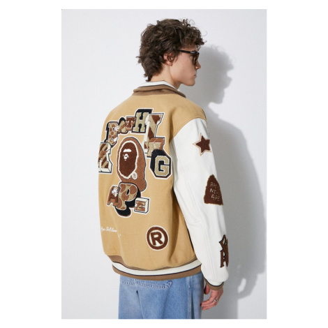 Vlněná bomber bunda A Bathing Ape Bape Multi Motif Varsity béžová barva, přechodná, 1J80141001 AAPE BY A BATHING APE