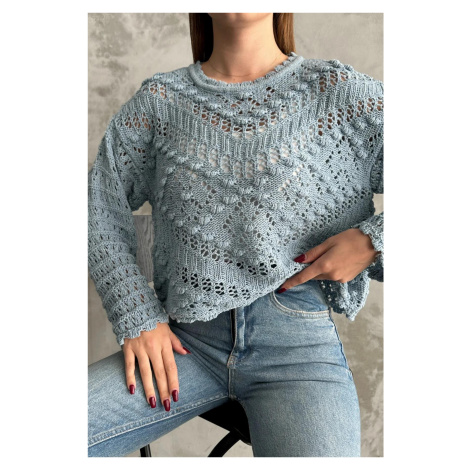 69491 Dewberry Patterned Openwork Knitwear Womens Sweater-BEBE BLUE