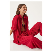 Happiness İstanbul Women's Red Pleated Shirt Trousers Set