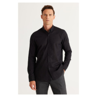 AC&Co / Altınyıldız Classics Men's Black Slim Fit Slim Fit Buttoned Collar Linen Look 100% Cotto