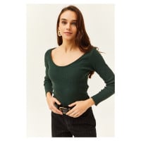 Olalook Women's Emerald Green Pool Neck Raised Lycra Blouse