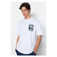 Trendyol White Relaxed Fit Crew Neck Short Sleeve Landscape Printed T-Shirt