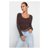 Trendyol Brown Wear/Faded Effect Cotton Long Sleeves Stretchy Knitted Body with Snap Snap Button