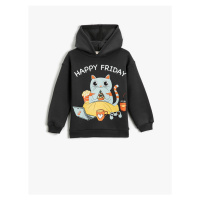 Koton Hooded Sweatshirt Cat Printed Long Sleeve Ribbon