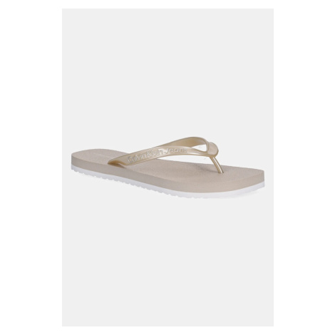 Žabky Calvin Klein Jeans THONG+ TPU METALLIC dámské, béžová barva, na plochém podpatku, YW0YW017