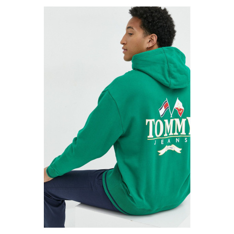 Bavlněná mikina Tommy Jeans pánská, zelená barva, s kapucí, s potiskem Tommy Hilfiger