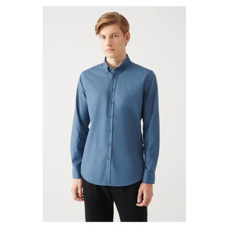 Avva Men's Indigo Button Collar Basic 100% Cotton Slim Fit Shirt