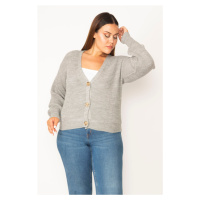 Şans Women's Plus Size Gray V-Neck Knitwear Cardigan with Buttons