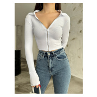 BİKELİFE Women's Zipper Polo Neck Ribbed Long Sleeve Camisole Crop Blouse