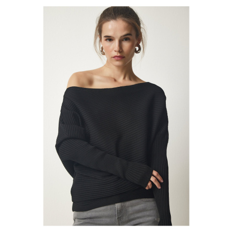 Happiness İstanbul Women's Black Asymmetrical Collar Corduroy Sweater