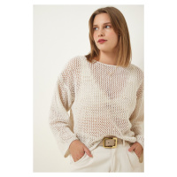 Happiness İstanbul Women's Cream Pearl Detailed Openwork Seasonal Knitwear Sweater