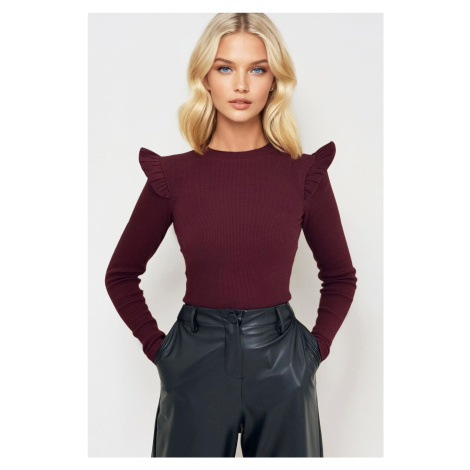 Trend Alaçatı Stili Women's Burgundy Shoulder Ruffles Half Fisherman Sweater