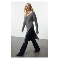 Trendyol Anthracite Slit Detailed Tunic Length Soft Texture Knitwear Sweater