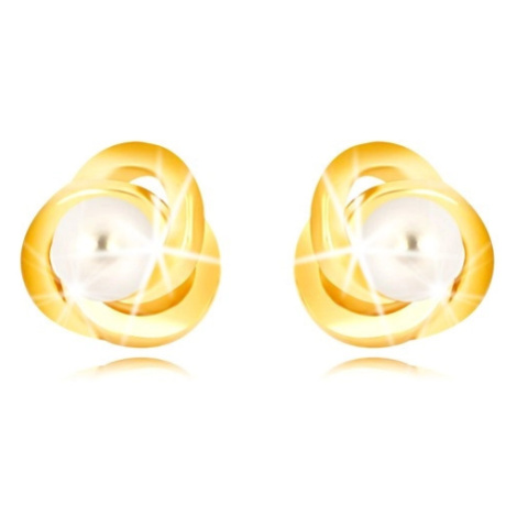 Náušnice ve žlutém 9K zlatě - tři propletené prstence, bílá sladkovodní perla, 3 mm Šperky eshop