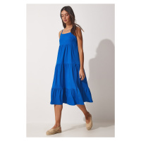 Happiness İstanbul Women's Blue Halter Pleats Summer Knitted Dress