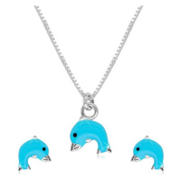 Stříbrný 925 dvojset - náhrdelník a náušnice, delfínek s modrou glazurou