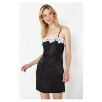 Trendyol Black Lace Zipper Detailed Rope Strap Satin Woven Nightgown