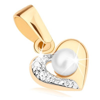 Přívěsek z 9K zlata - dvoubarevný obrys srdce, gravírovaná polovina, bílá perlička